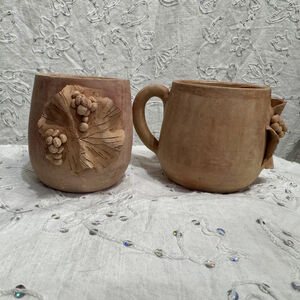 Vintage 90s Handmade Wheel Thrown Pottery Mugs Set of 2 Unglazed Signed “Avanas”